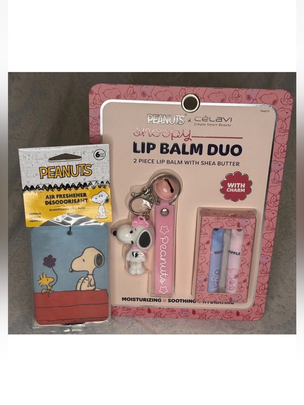 Peanuts Snoopy Keychain Wristlet with Snoopy, 2 Lip Balms & Car Airfresher 6Pack